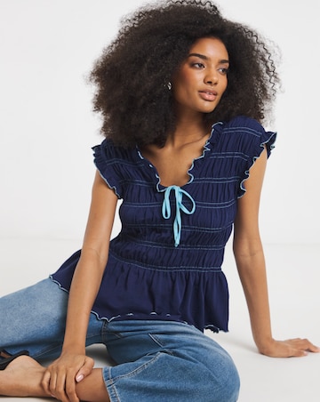 Navy Shirred Peplum V Neck Top