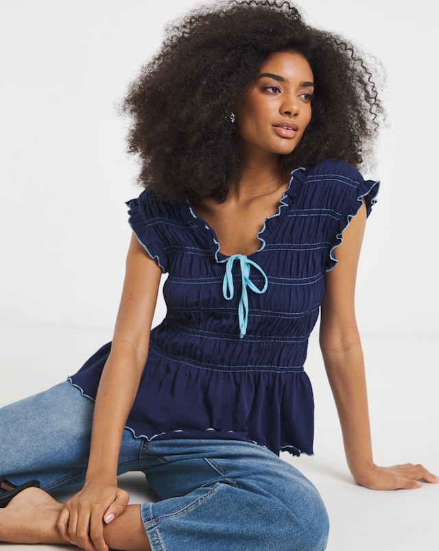 Simply Be Navy Shirred Peplum V Neck Top