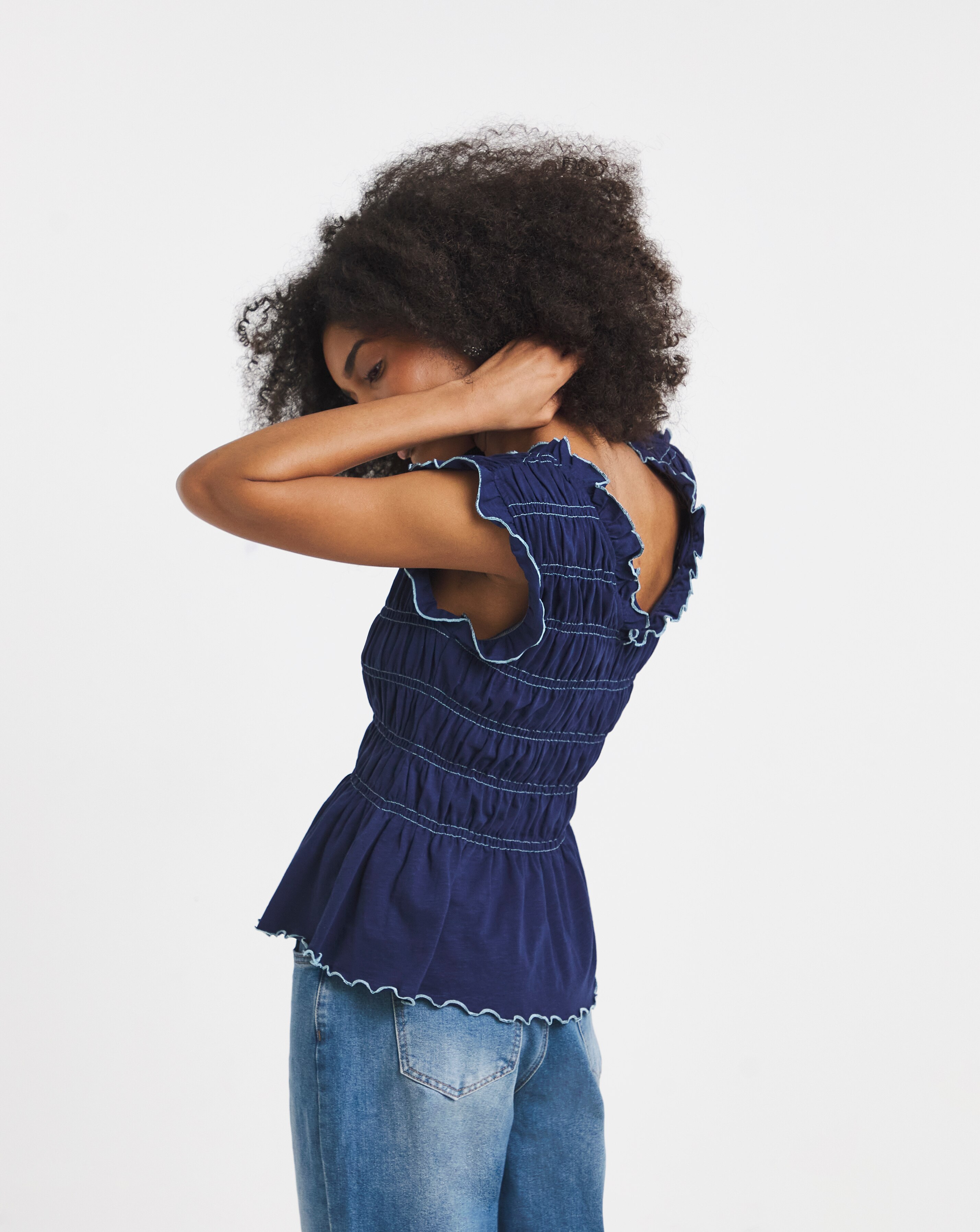 Navy Shirred Peplum V Neck Top | JD Williams