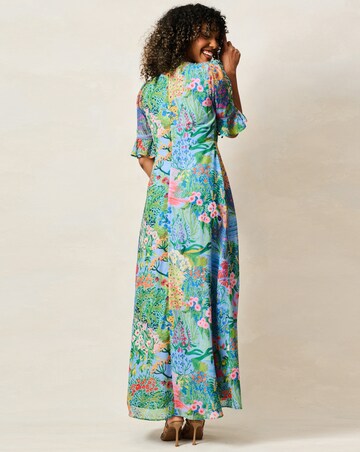 Hope & Ivy Hazel Frill Sleeve Thigh Split Open Back Maxi Dress With Lace Trim
