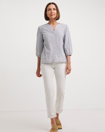 Blue Stripe Embroidered Hem Stripe Blouse