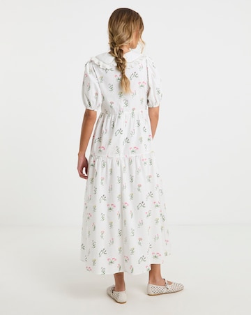 Neon Rose Printed Floral Cotton Poplin Midaxi Dress with Contrast Collar
