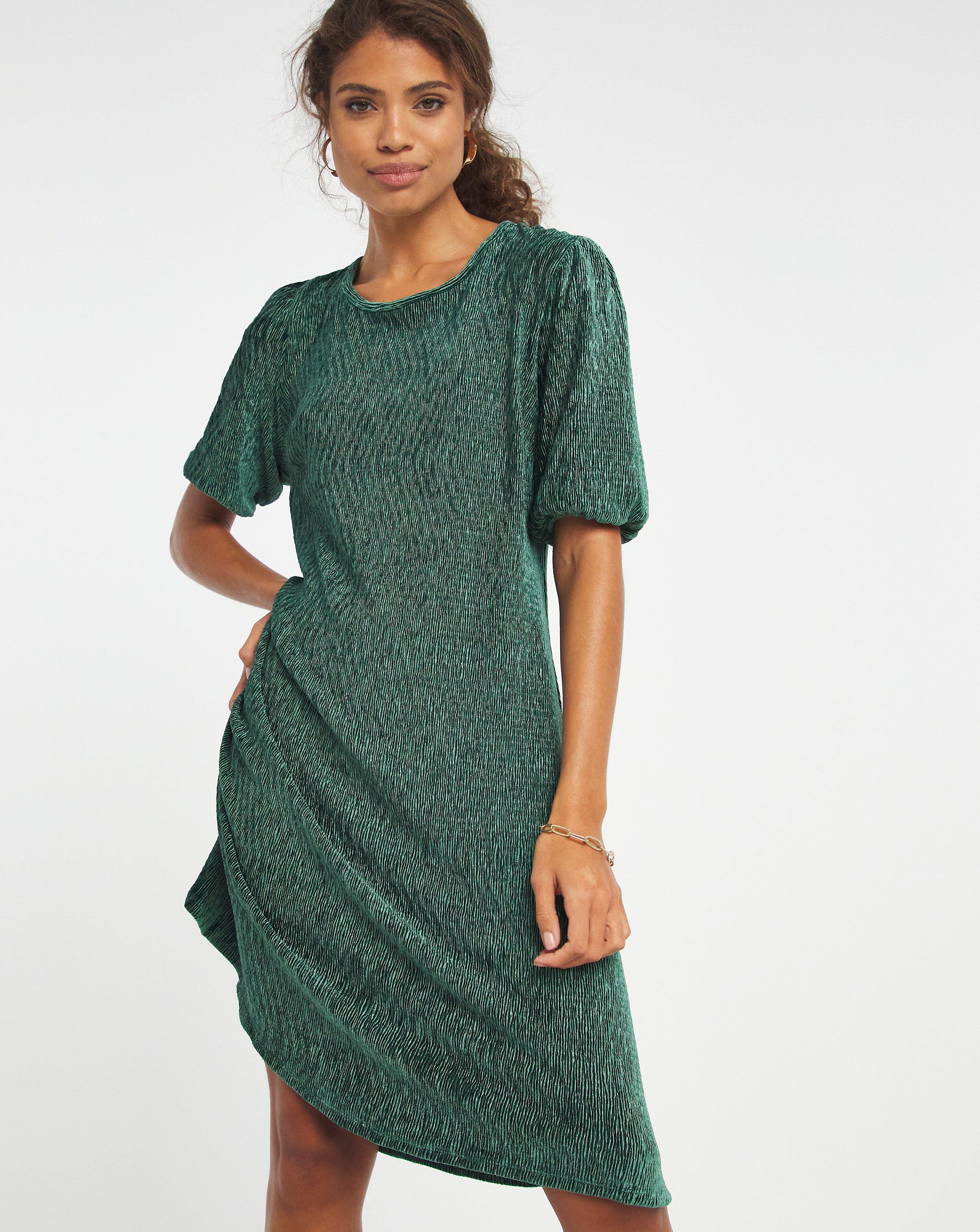 Green Velour Puff Sleeve Swing Dress | J D Williams