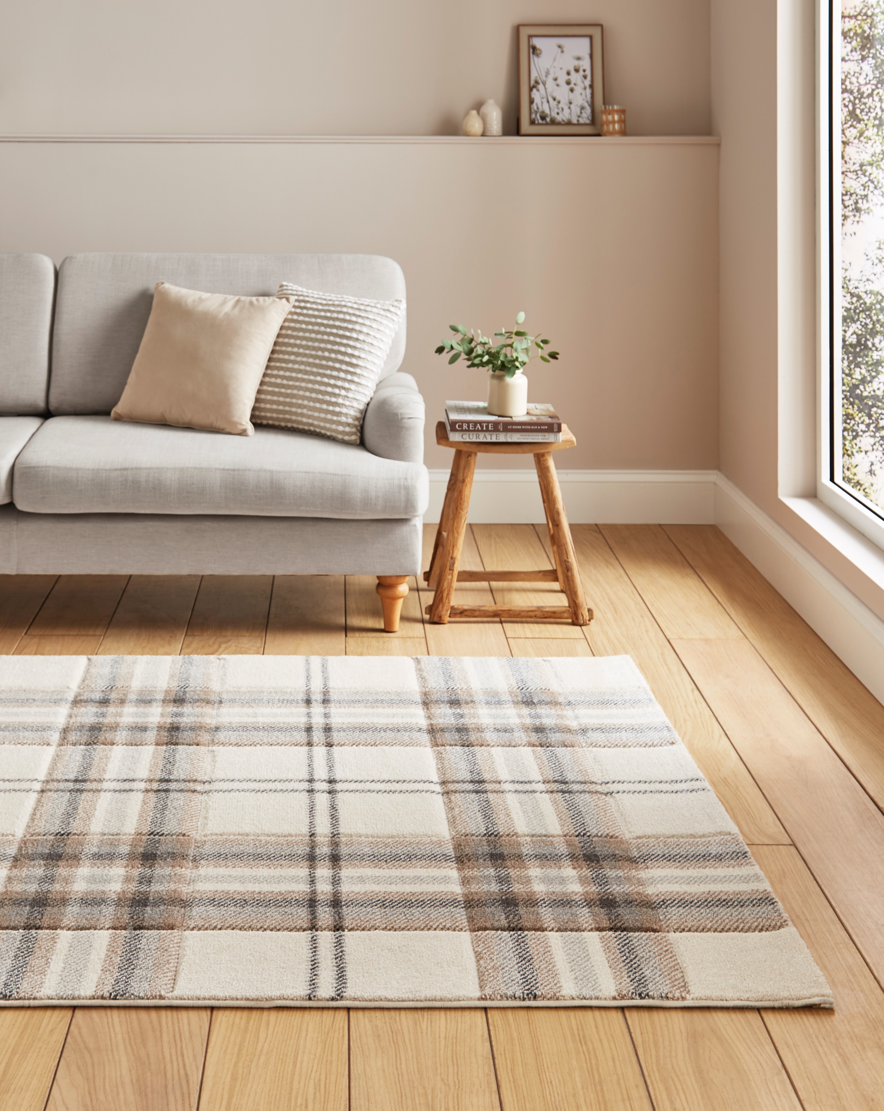 Catherine Lansfield Kelso Check Rug - Natural