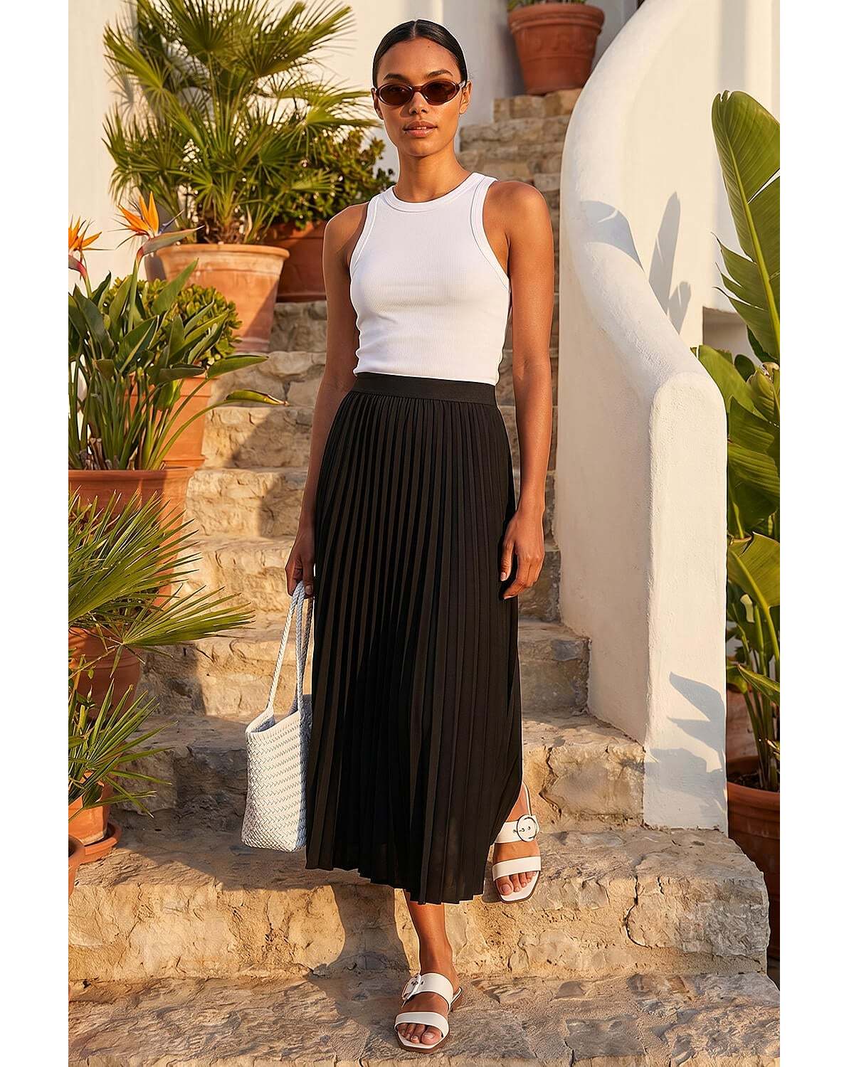 New In - Roman Pleated Elastic Waist Maxi Skirt