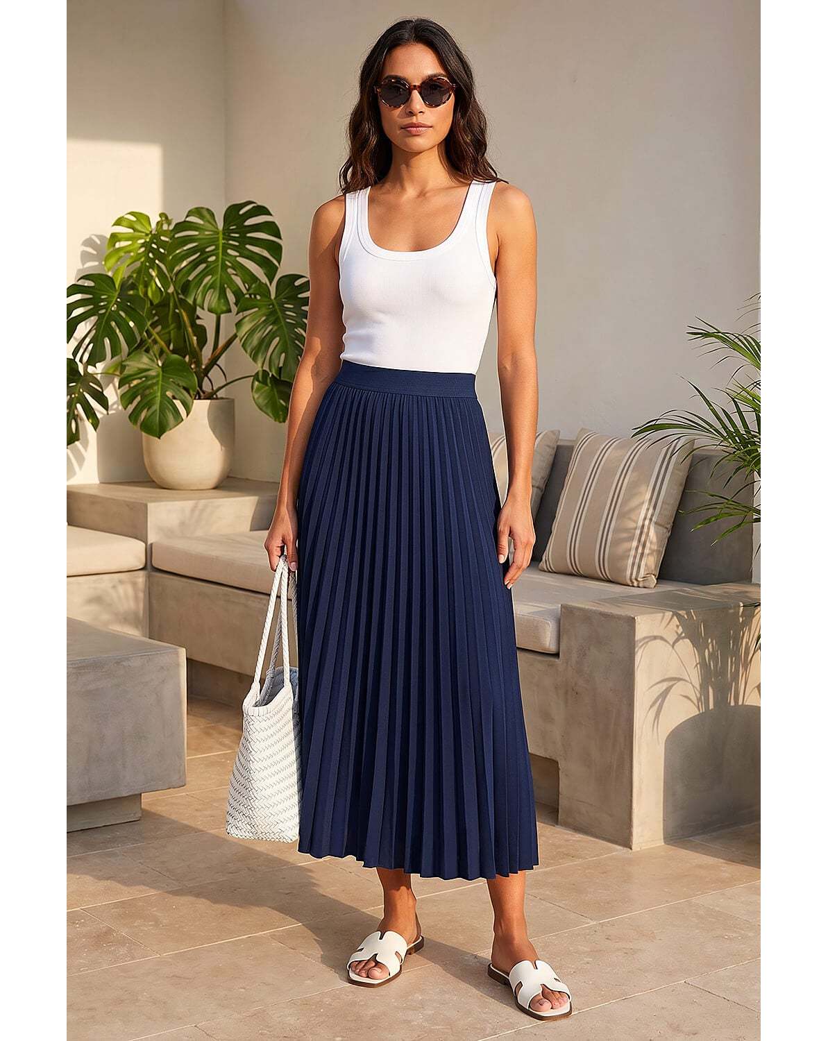 New In - Roman Pleated Elastic Waist Maxi Skirt