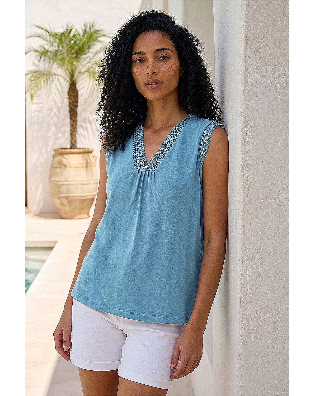 New In - Roman Lace Trim Tie V-Neck Top