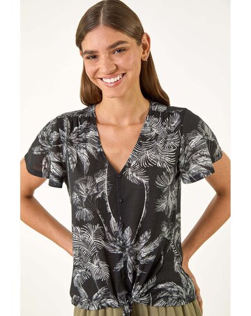 Roman Palm Tree Print Tie Front Top