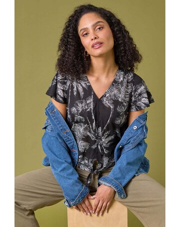 Roman Palm Tree Print Tie Front Top