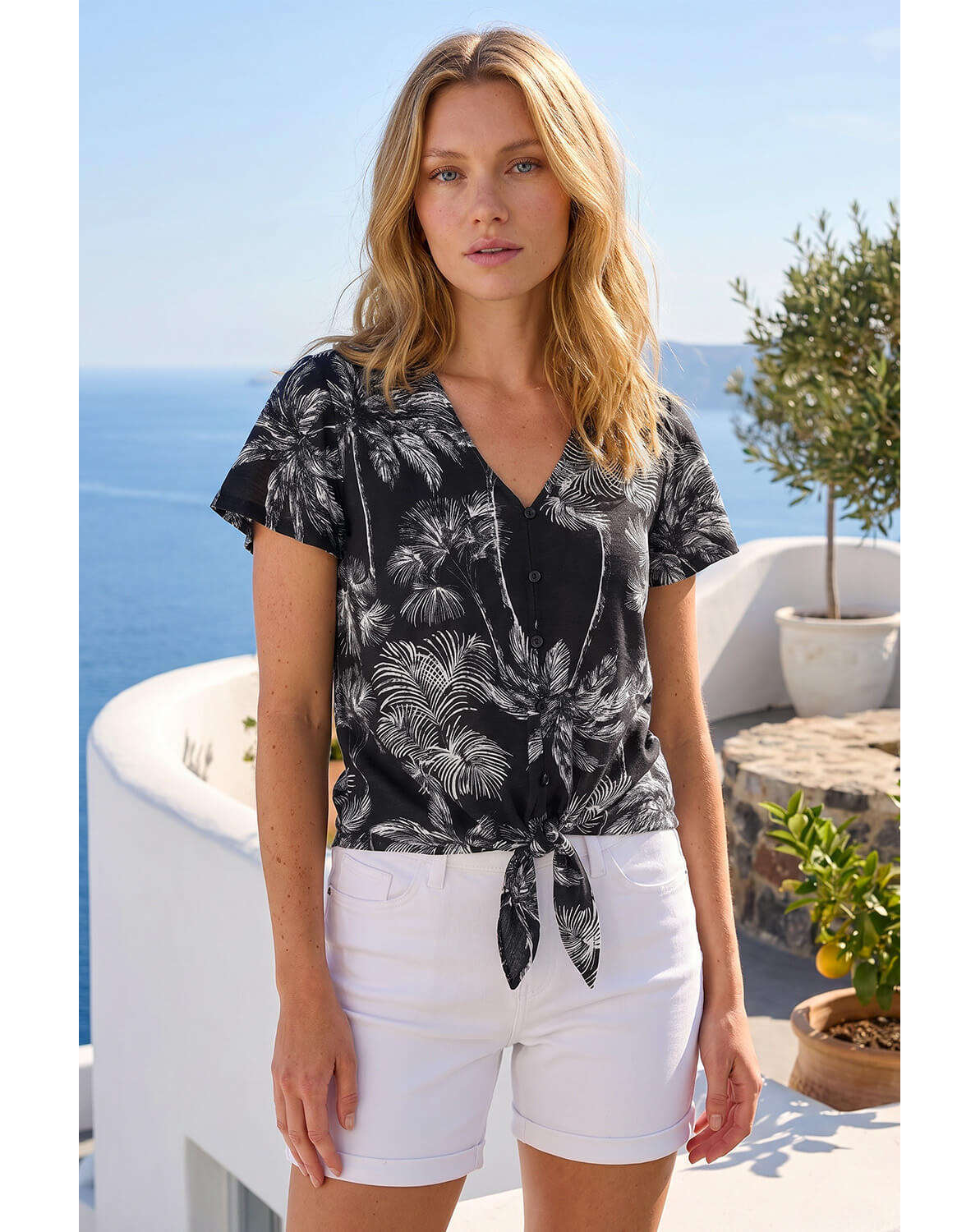 New In - Roman Palm Tree Print Tie Front Top
