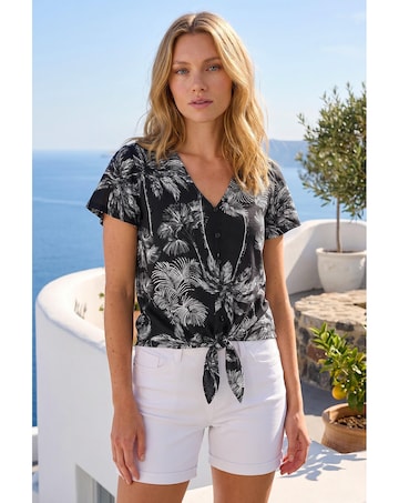 Roman Palm Tree Print Tie Front Top