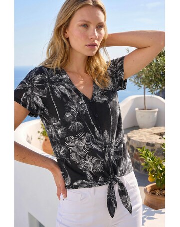 Roman Palm Tree Print Tie Front Top