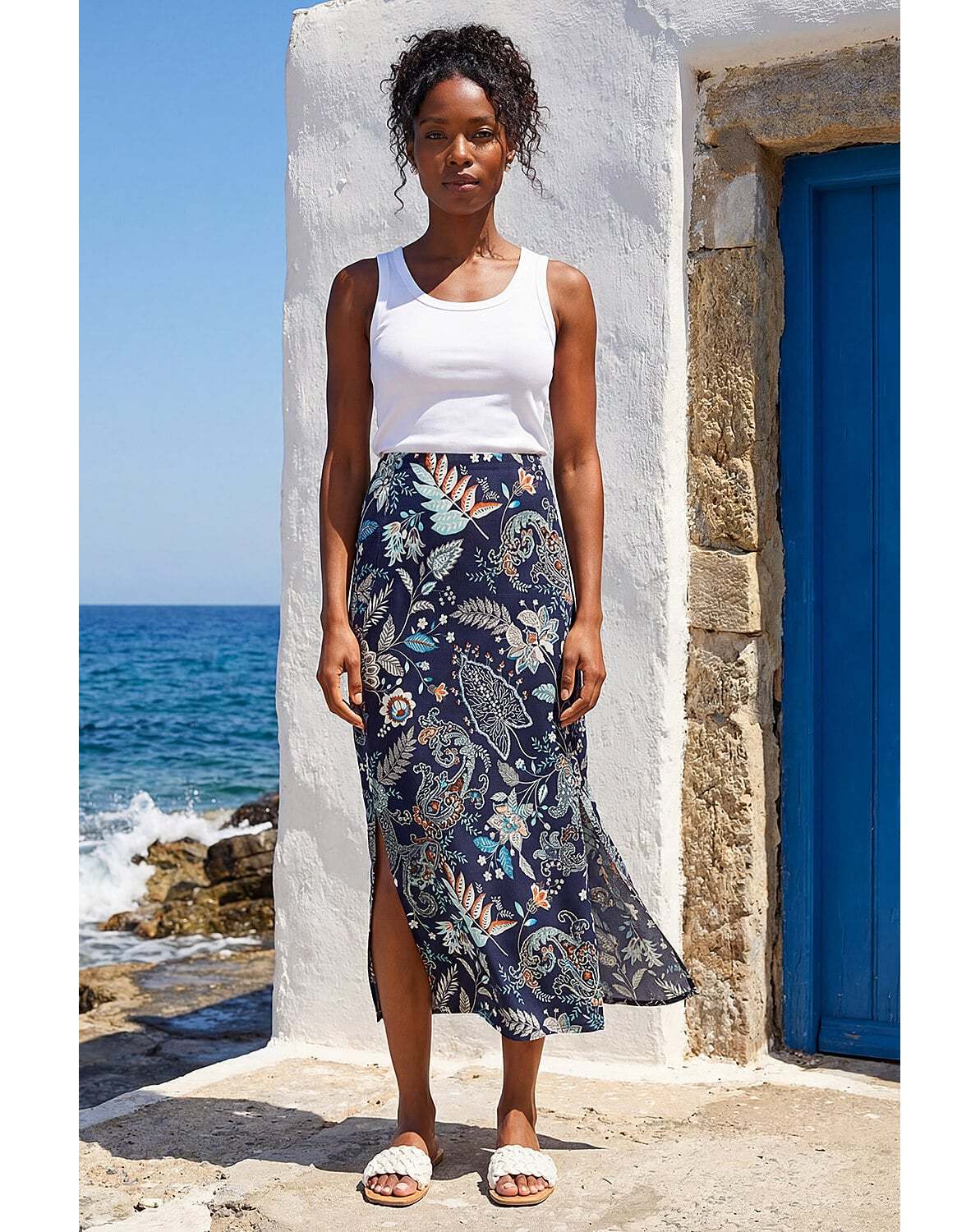 New In - Roman Paisley Print Stretch Midi Skirt