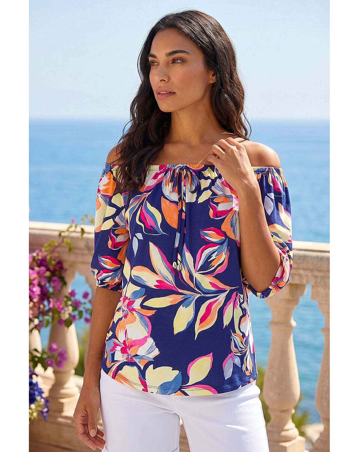 New In - Roman Floral Print Bardot Stretch Top