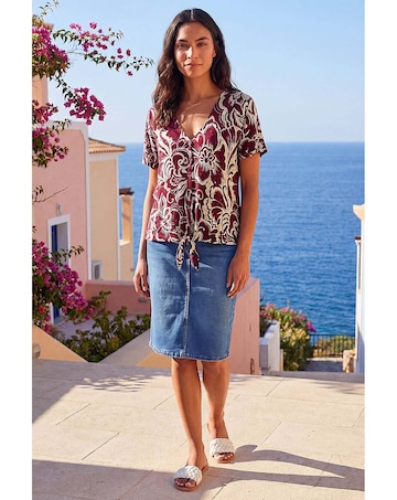 Roman Floral Print Tie Front V-Neck Top