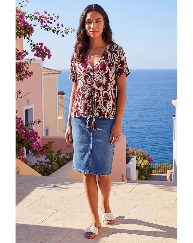 Roman Floral Print Tie Front V-Neck Top