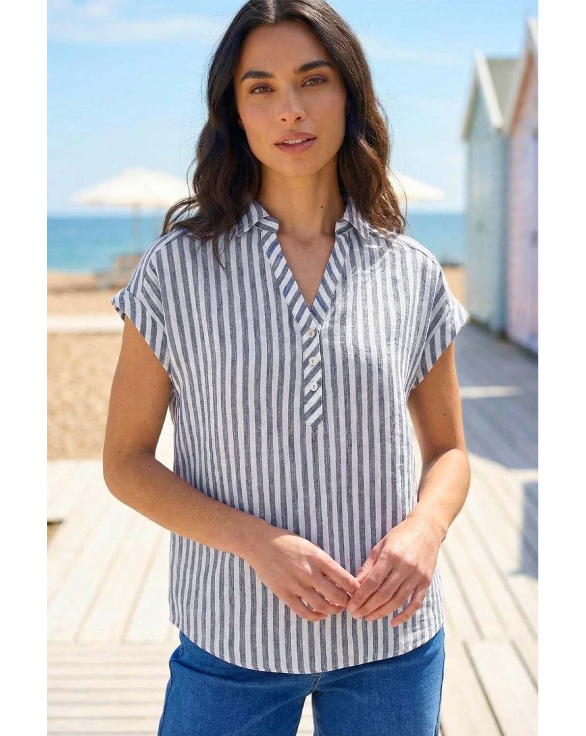 New In - Roman Stripe Print Button Front Top