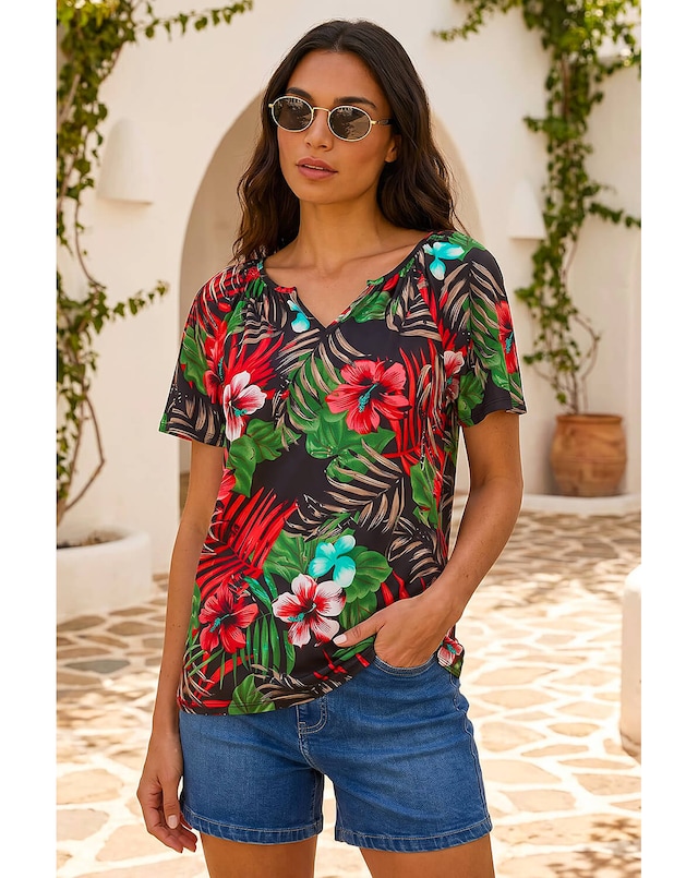Roman Textured Floral Print V-Neck Top