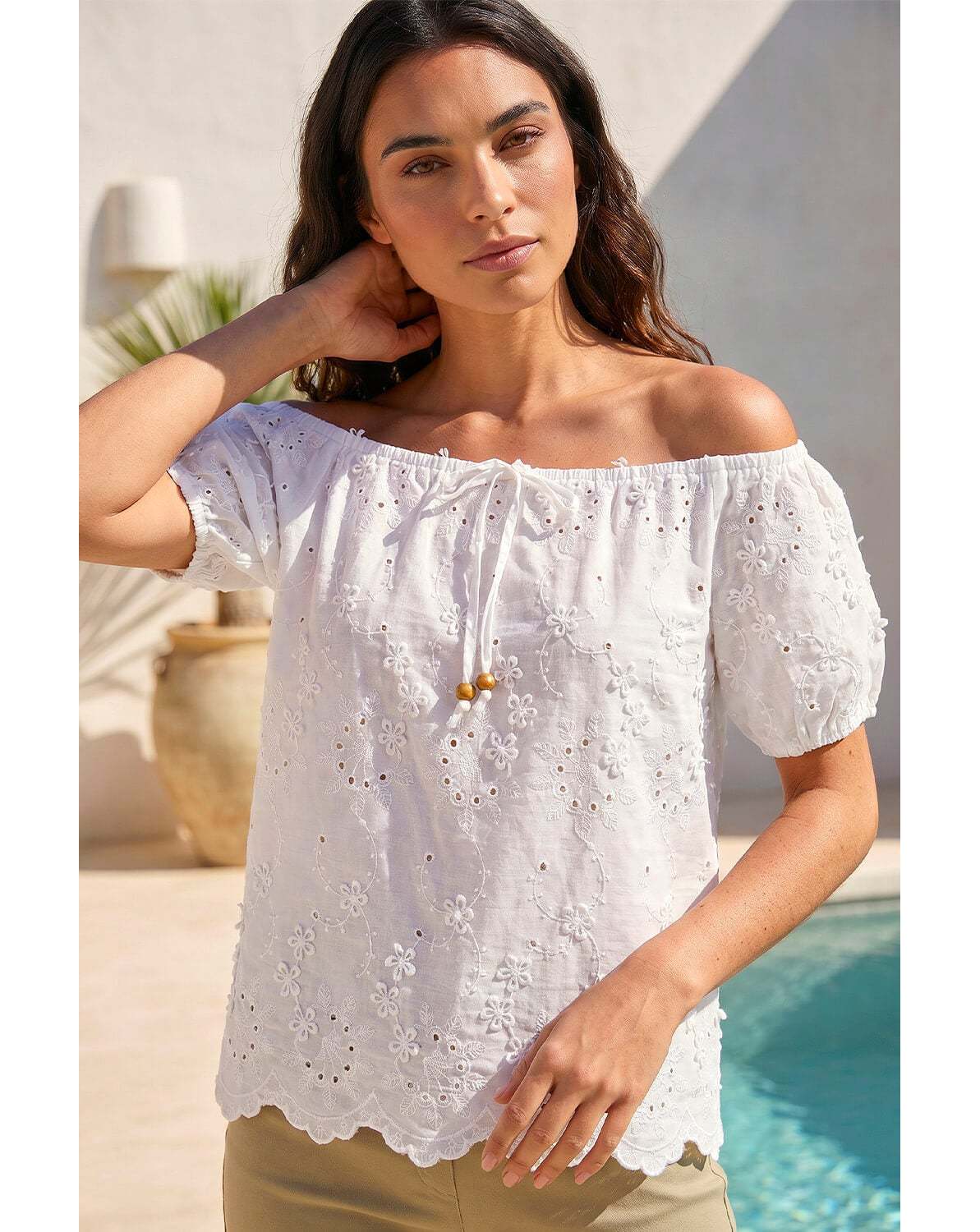 New In - Roman Floral Embroidered Bardot Top