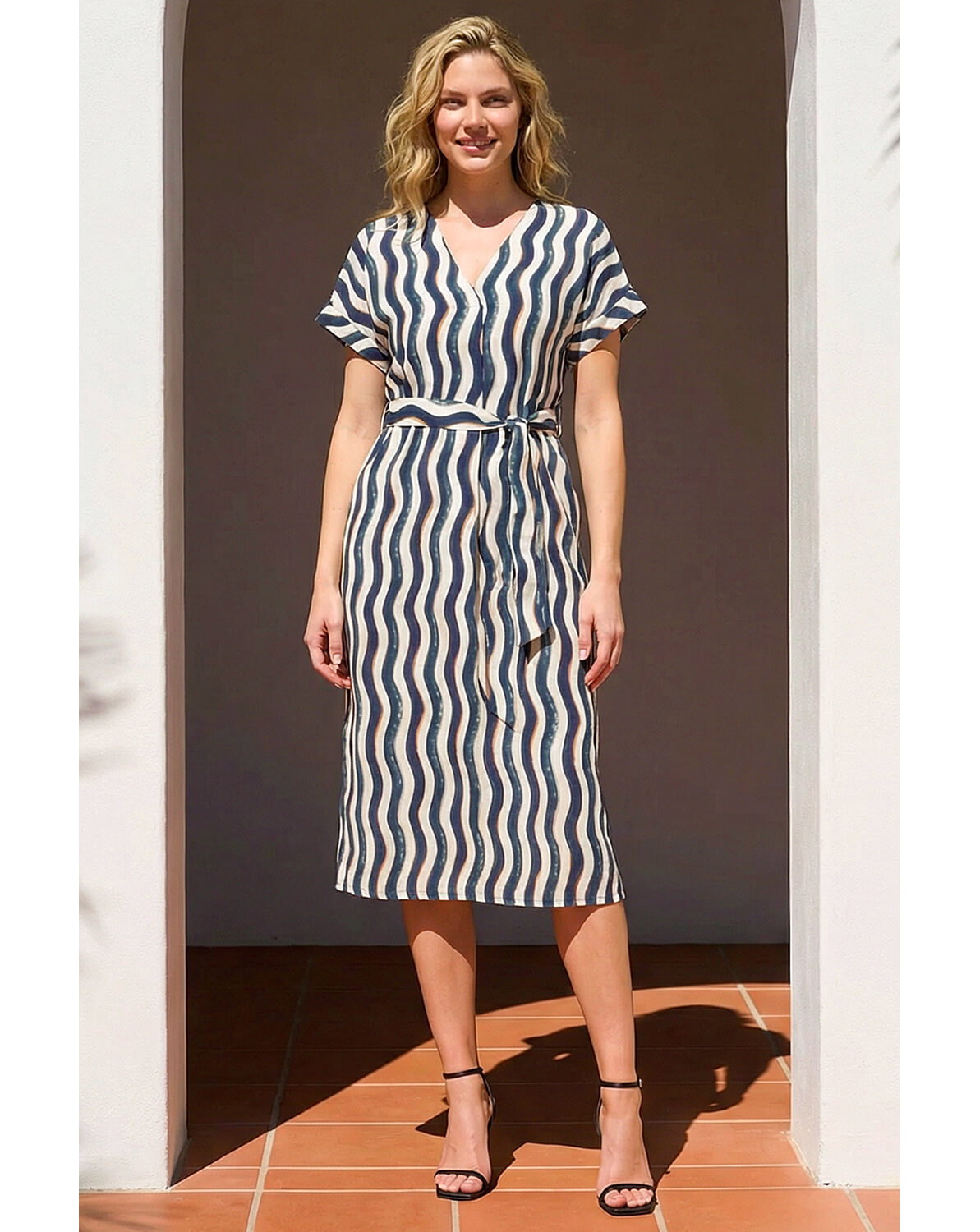 New In - Roman Wave Print Belted Midi Dress