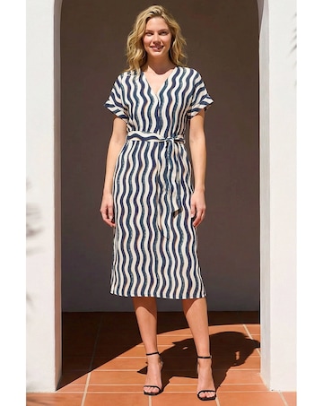 Roman Wave Print Belted Midi Dress