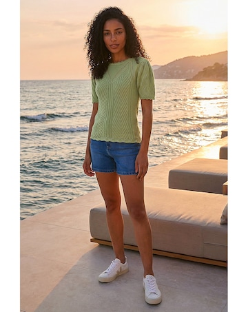 Roman Scallop Puff Sleeve Knit Top