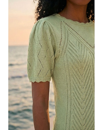 Roman Scallop Puff Sleeve Knit Top