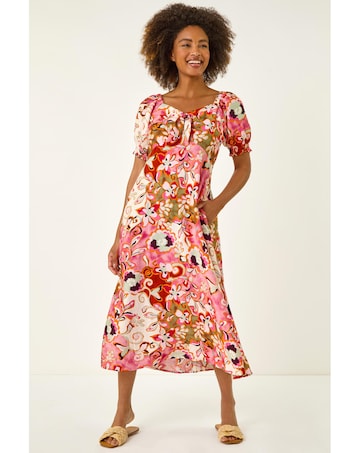 Roman Floral Print Tie Front Midi Dress
