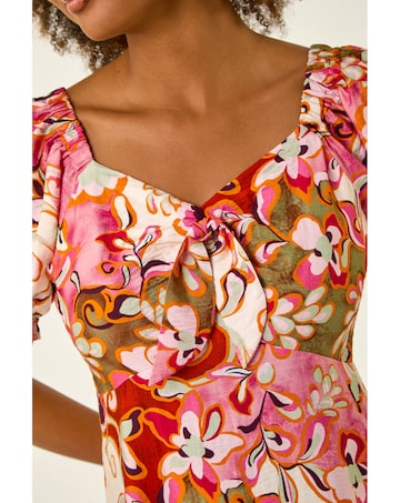 Roman Floral Print Tie Front Midi Dress