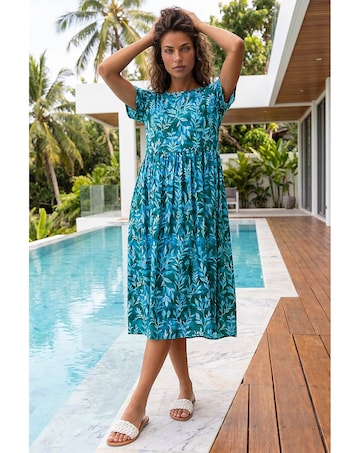 Roman Leaf Print Smock Midi Dress
