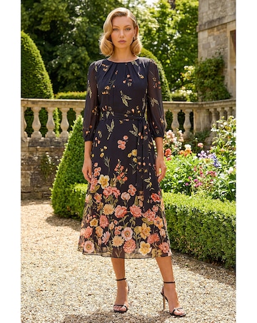 Roman Border Print Pleated Midi Dress