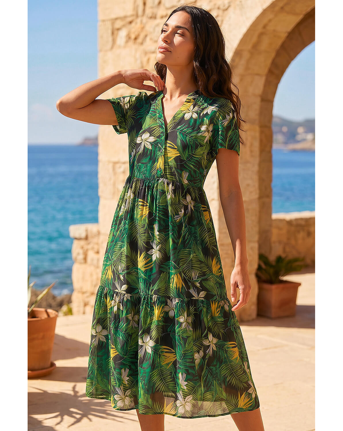 New In - Roman Tropical Leaf V-Neck Midi Dress