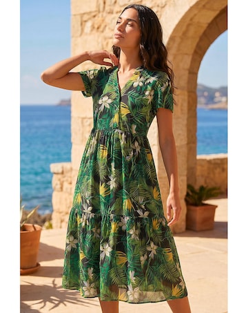 Roman Tropical Leaf V-Neck Midi Dress