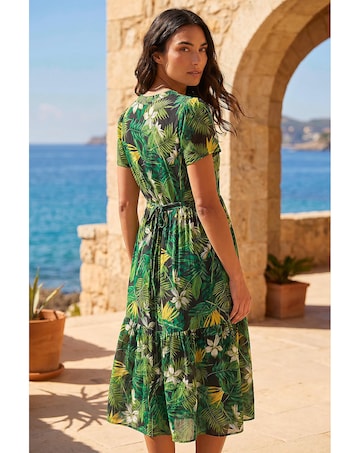 Roman Tropical Leaf V-Neck Midi Dress