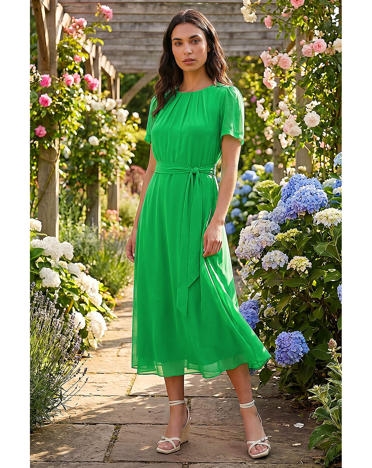 New In - Roman Chiffon Pleat Neck Midi Dress