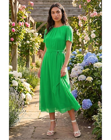Roman Chiffon Pleat Neck Midi Dress