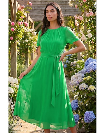 Roman Chiffon Pleat Neck Midi Dress