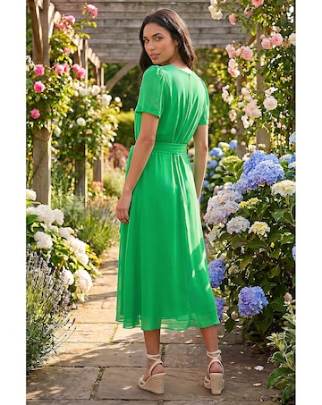 Roman Chiffon Pleat Neck Midi Dress