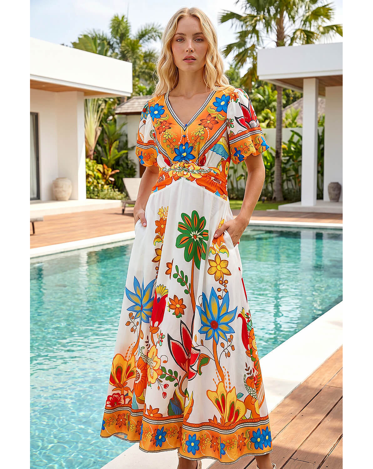 New In - Roman Floral Border Ruched Midi Dress