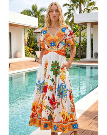 Roman Floral Border Ruched Midi Dress