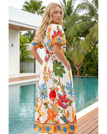 Roman Floral Border Ruched Midi Dress