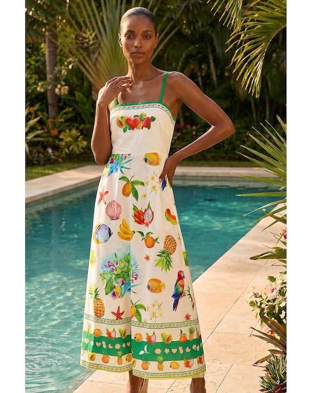 Roman Fruit Print Strappy Midi Dress