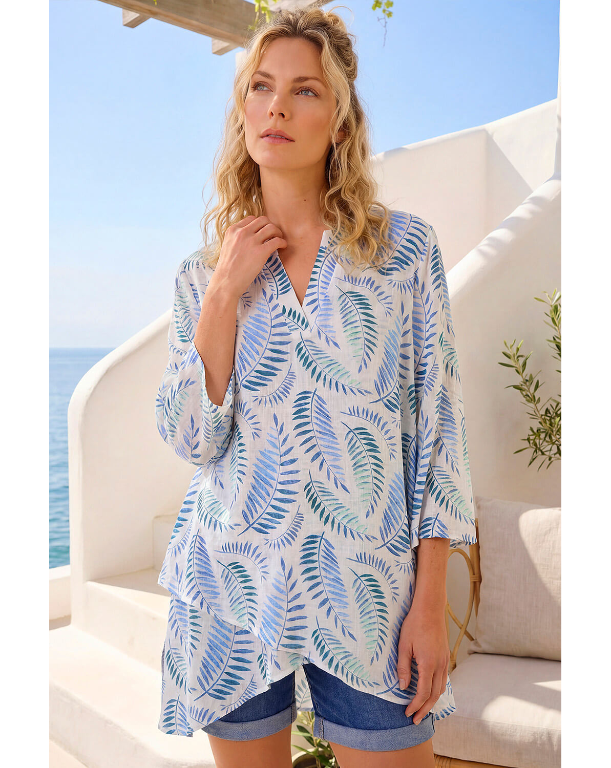 New In - Roman Leaf Print Wrap Hem Tunic Top