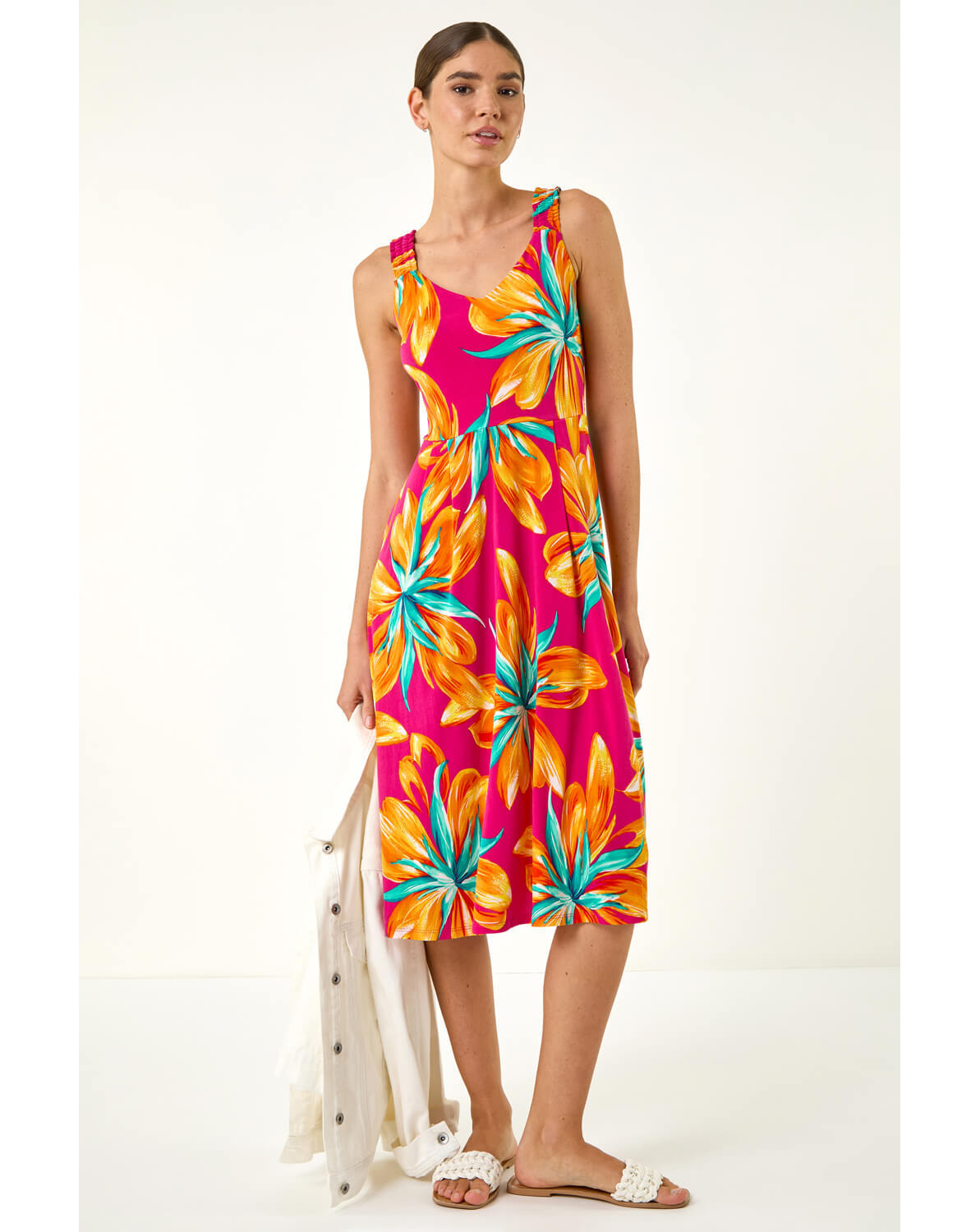 New In - Roman Floral Shirred Back Midi Dress