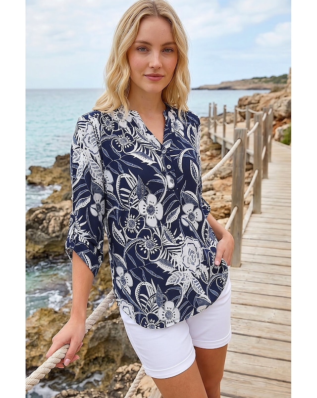 Roman Floral Print V-Neck Stretch Shirt