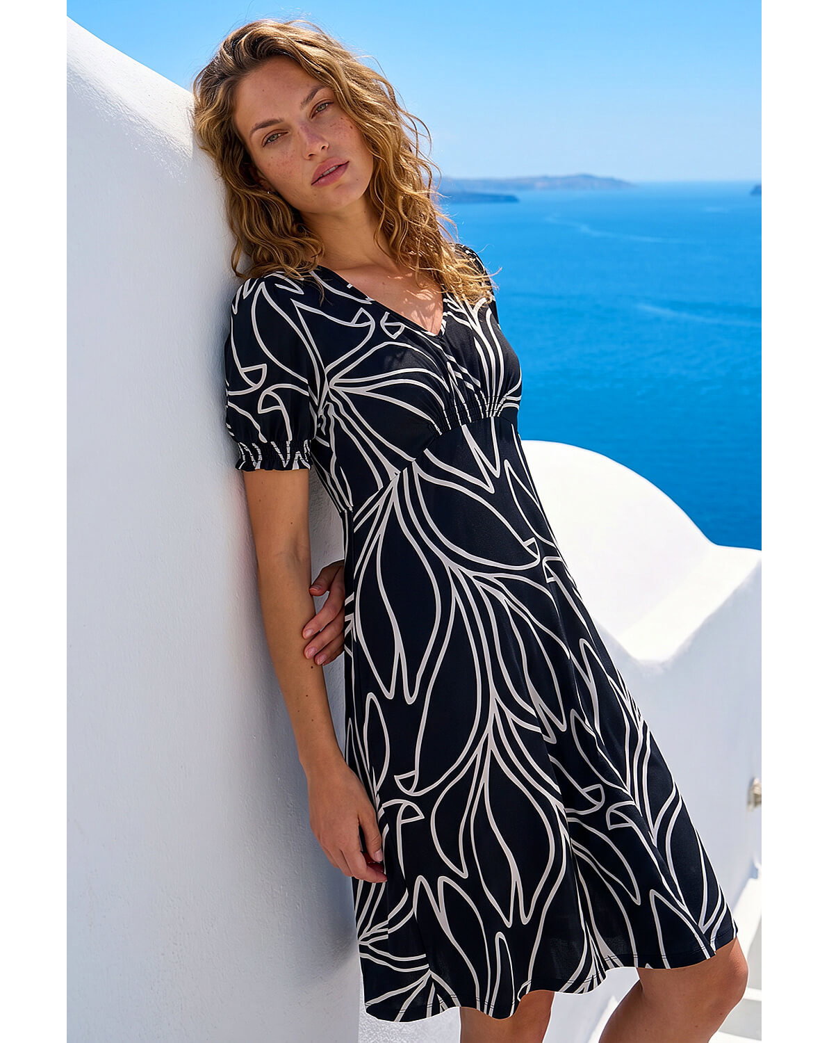 New In - Roman Leaf Print Gathered Midi Dress
