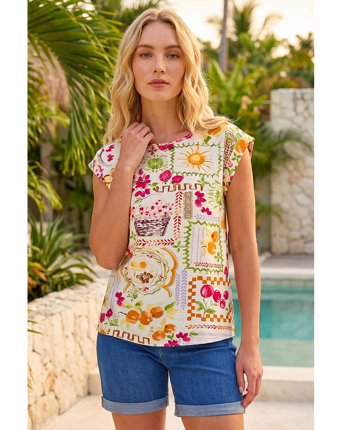New In - Roman Fruit Print Shell Top