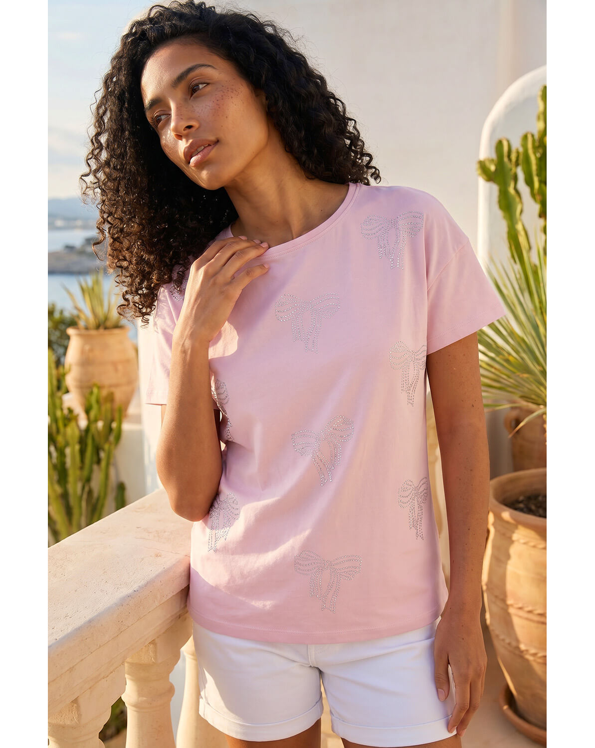 New In - Roman Bow Embellished Cotton T-Shirt