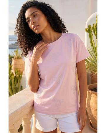 Roman Bow Embellished Cotton T-Shirt