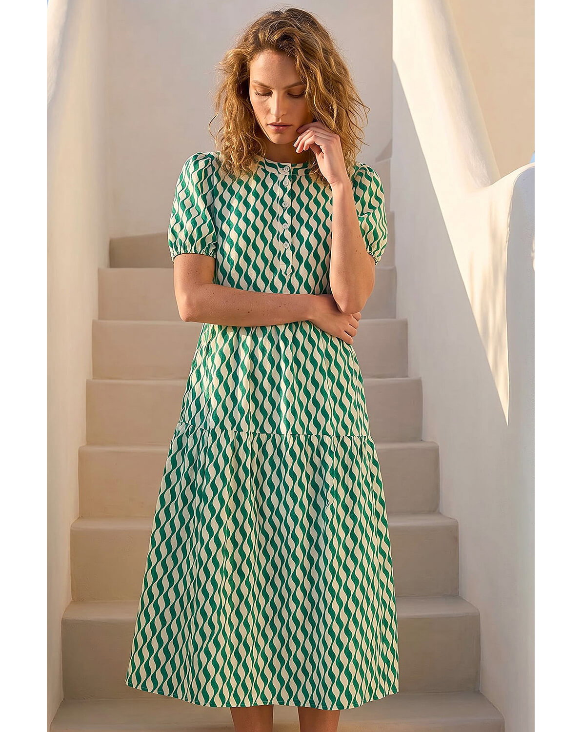 New In - Roman Geo Print Button Shirt Midi Dress
